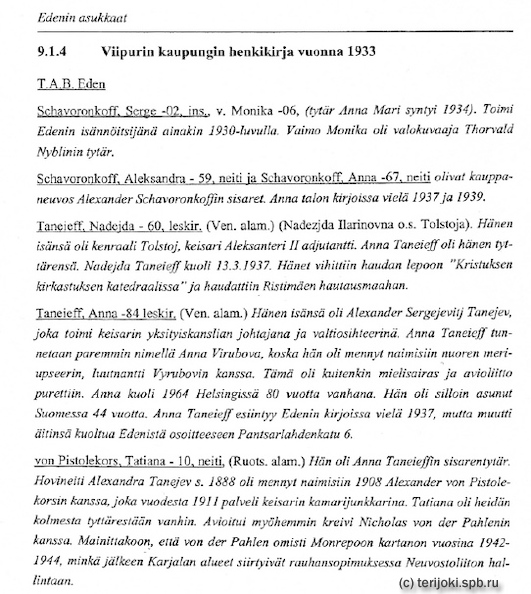 Выдержка из списка жильцов дома «Эден» за 1933 г. с фамилиями Надежды и Анны Танеевых.