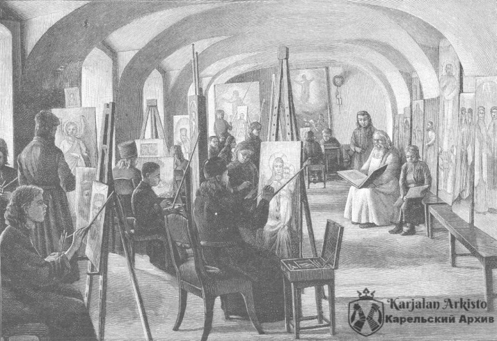 Валаамский монастырь. Иконописная мастерская. Картина В. Бондаренко, гравёр Шюблер