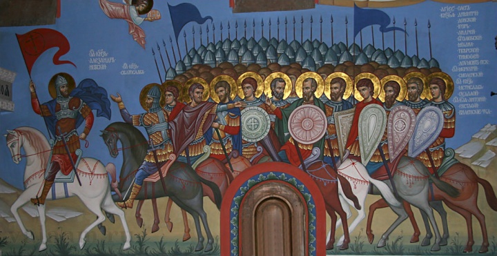 Святые воины (Русские). Фрагмент росписи храма Смоленского скита, 2005 год.