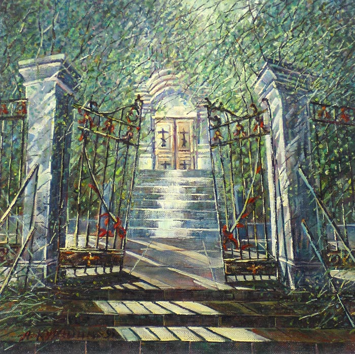 На ступеньках к храму 44x44 см. Холст. Масло. 1991 г.