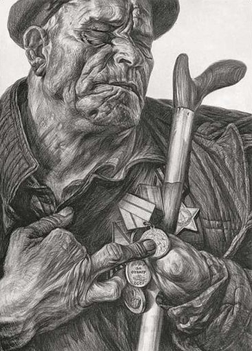 Ослепший и искалеченный на войне Иван Забара показывает художнику медаль «За оборону Сталинграда».