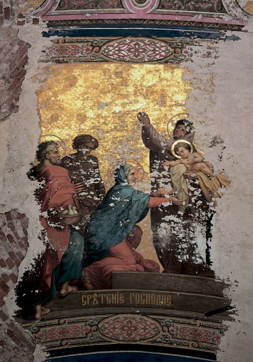 Сретение Господне. Фрагмент росписи Спасо-Преображенского собора до реставрации. 2002 г.