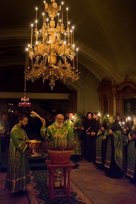 После чтения Евангелия епископ Троицкий Панкратий совершают каждение верб благоуханным фимиамом, читают молитву и окропляют ветви святой водой.