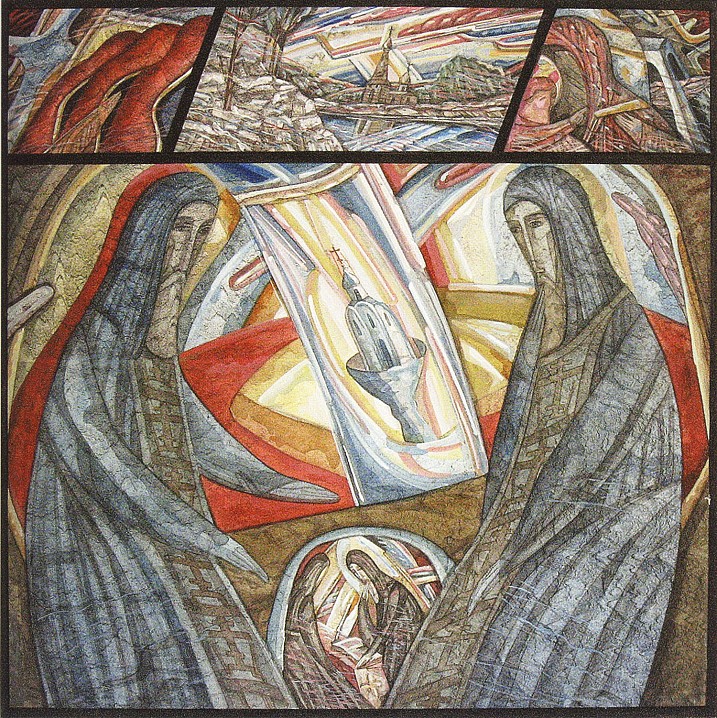 Беседа. Серия «Валаамские старцы». 1989. Акварель на цветном печатном фоне. 59,6 х 59,5 см.