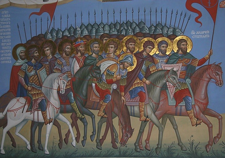 Воины-мученики. Фрагмент росписи храма Смоленского скита, 2005 год.