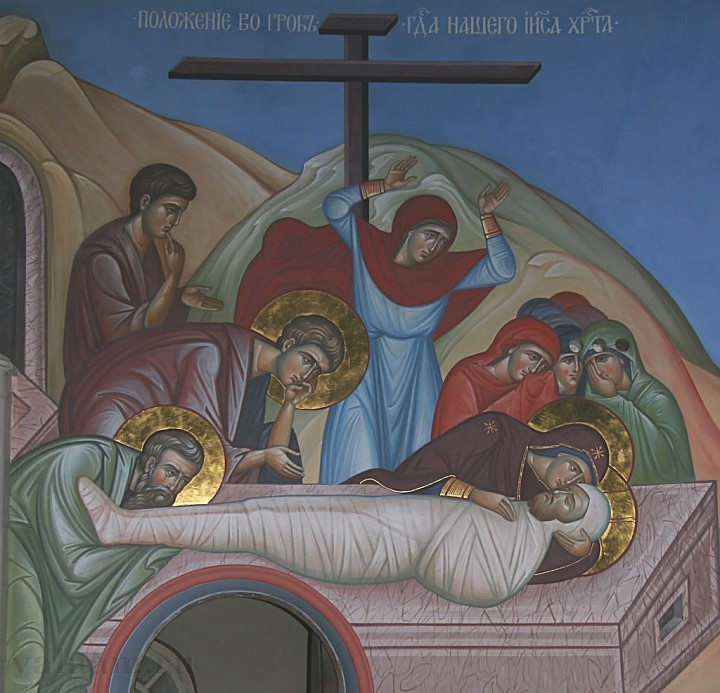 Положение во гроб. Фрагмент росписи храма Смоленского скита, 2005 год.