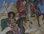 Святые мученики Дмитрий Солунский, Феодор Тирон, Феодор Стратилат. Фрагмент росписи храма Смоленского скита, 2005 год.