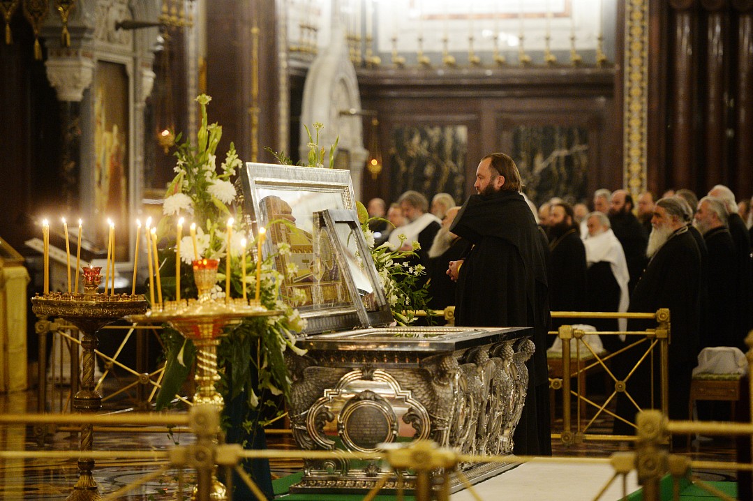 18 ноября 2017 года, в день 100-летия избрания на Патриарший престол святителя Тихона, рака была освящена Святейшим Патриархом Московским и всея Руси Кириллом в Большом соборе Донского монастыря. Фото: Сергей Власов.