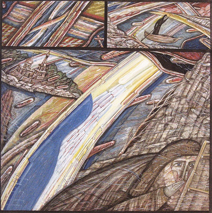 Молитва святого Германа. Серия «Валаамские старцы». 1989. Акварель на цветном печатном фоне. 59,6 х 59,5 см.