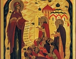 На иконе изображены преподобные Зосима и Савватий Соловецкие, с братией, предстоящие Божией Матери. Икона находится в иконостасе нижнего храма собора.
