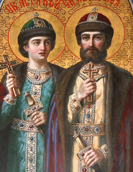 Святые мученики Борис и Глеб. Фрагмент росписи верхнего храма Спасо-Преображенского собора, после реставрации, 2005 год.