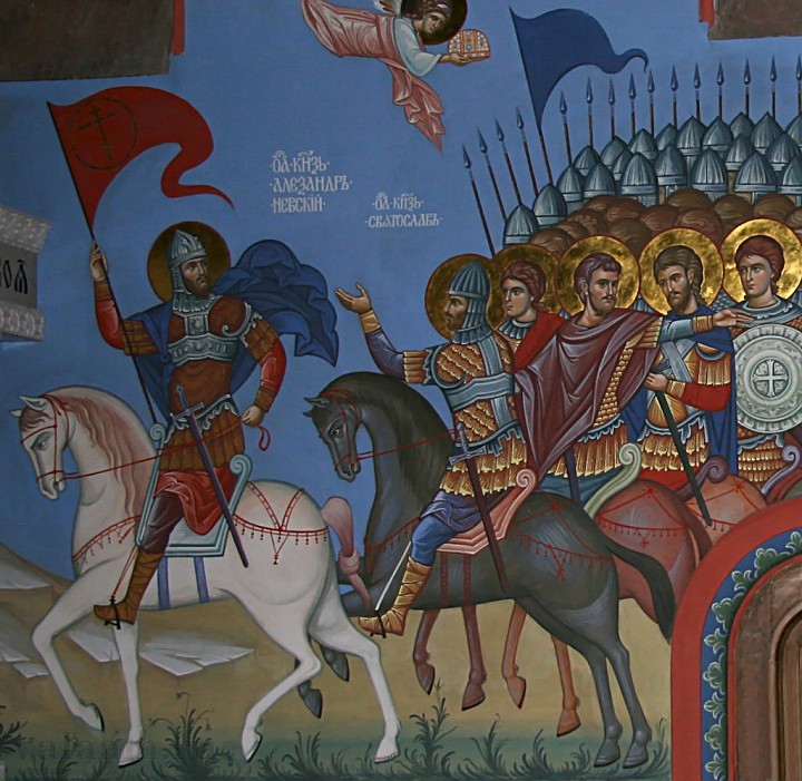Святые воины (Русские). Фрагмент росписи храма Смоленского скита, 2005 год.
